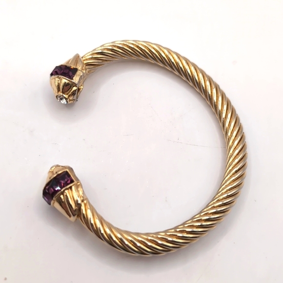 Vintage Gold-Tone Cuff Bracelet Twisted Rope Detail with Rhinestone Covered Caps - Picture 2 of 7